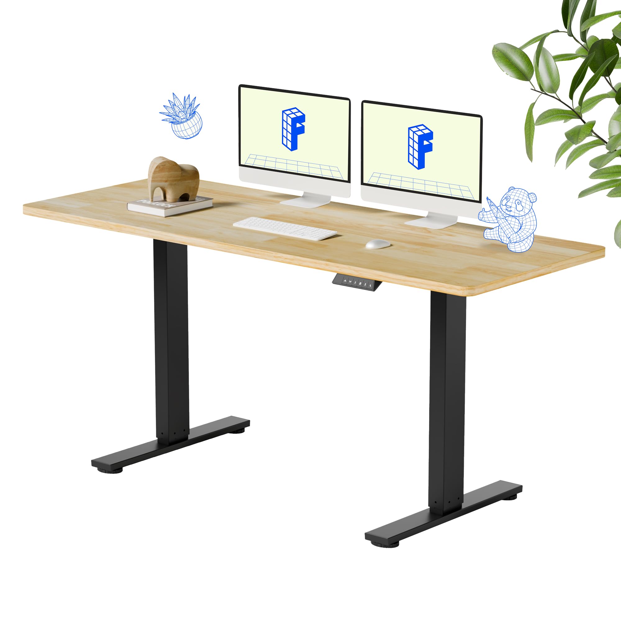 FLEXISPOT EN1 One-Piece Solid Wooden Standing Desk 63 x 24 Inches Height Adjustable Electric Sit Stand Home Office Desks (Black Frame + Rubber Wood Top, 2 Packages)