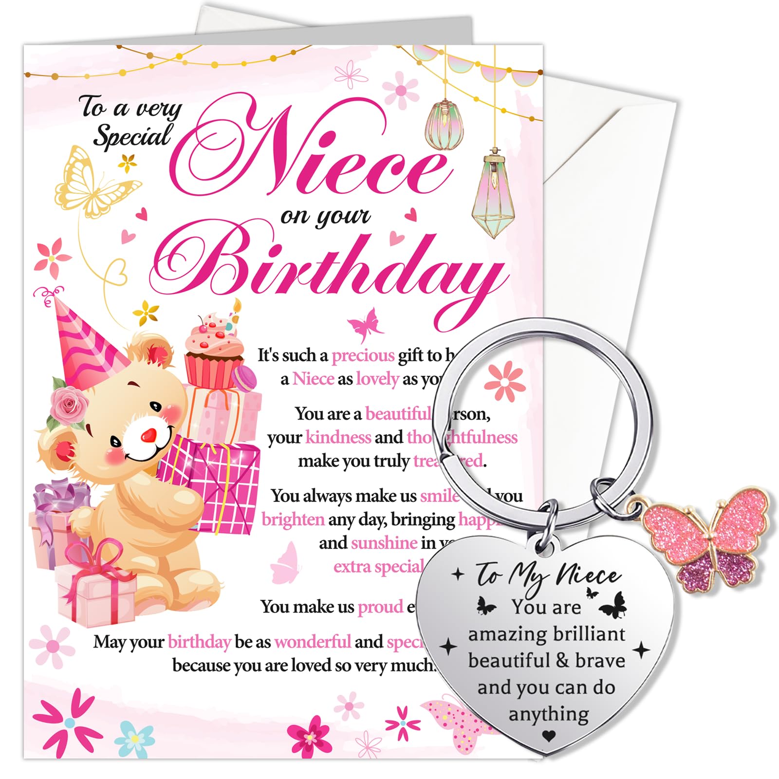 HOWAF Niece Birthday Card, Happy Birthday Card for Niece & Keyring, Gifts from Auntie, Aunty, Aunt, Uncle