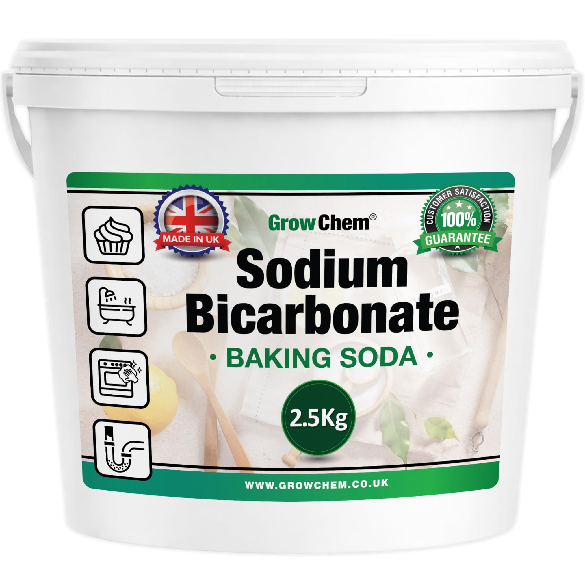 Grow Chem Baking Soda, Sodium Bicarbonate (2.5kg Bucket) UK MADE Pure Baking Soda for ECO Friendly Cleaning, Baking, Bath Bombs, Odour Removal and Teeth Cleaning