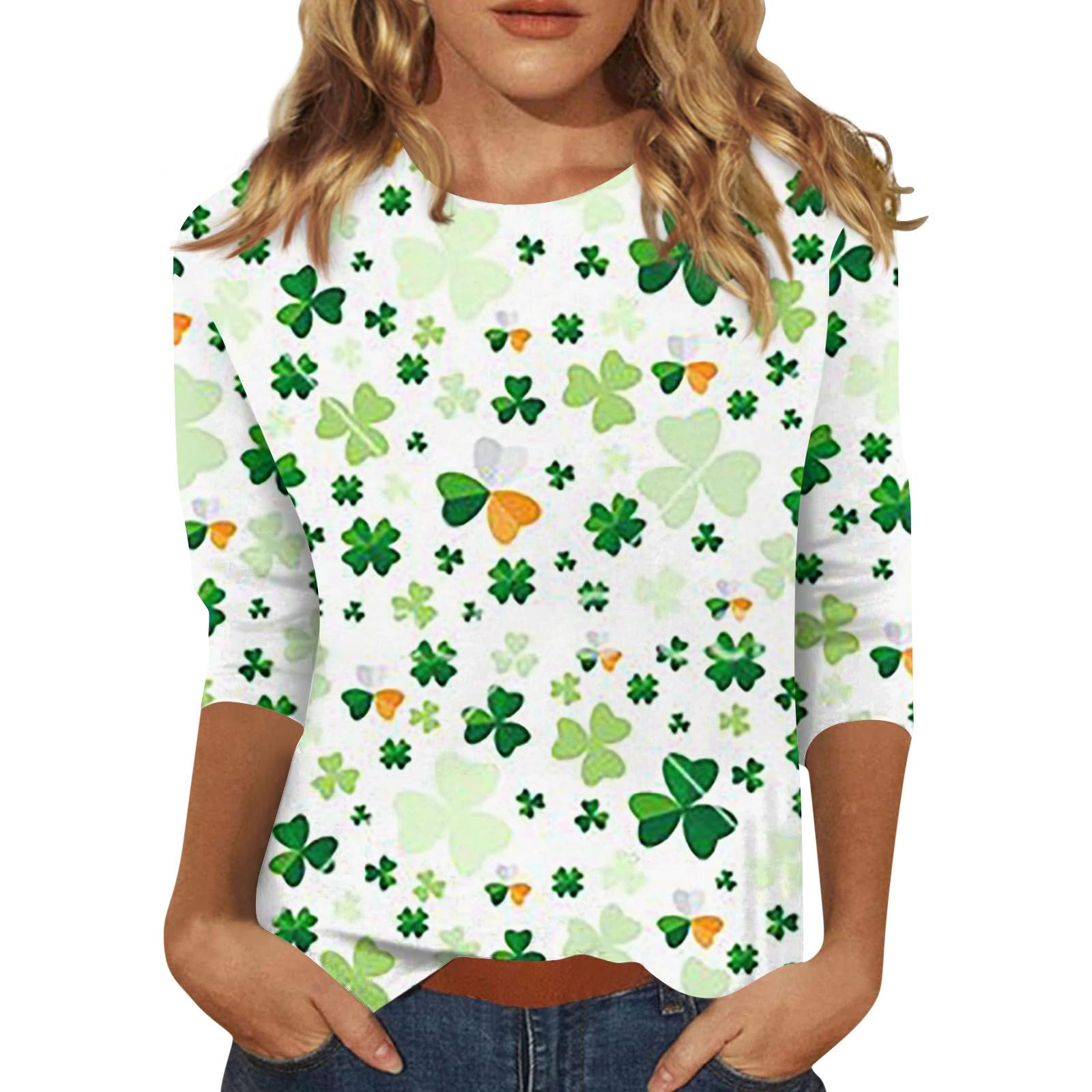 Women's Shirts Top Round Neck 3/4 Sleeve Shirts 2024 Casual St. Patrick's Day Print T-Shirt Top, S-3XL