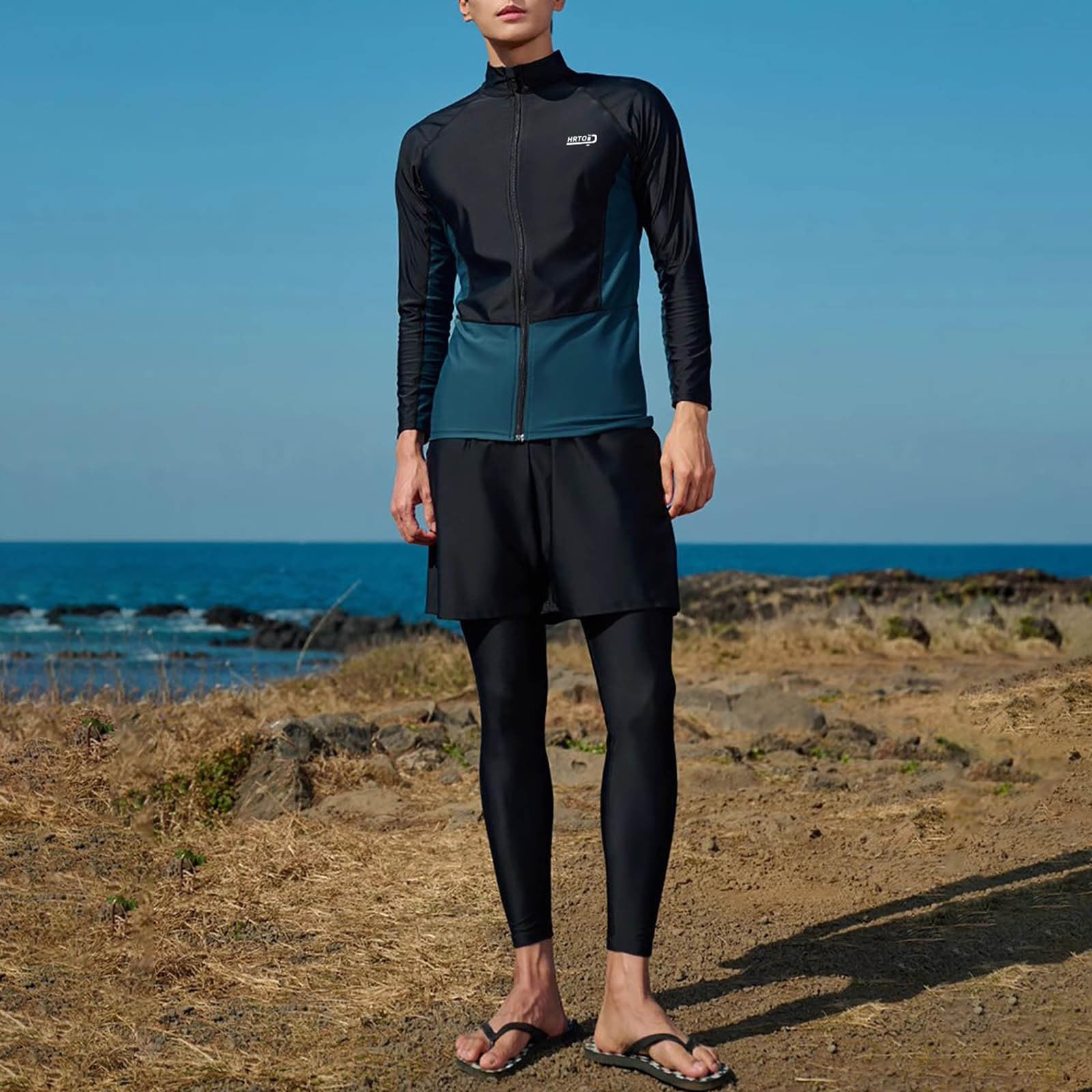 Generisch Herren Neoprenanzug Übergröße Langarm Reißverschluss Hose Sonnenschutz Surf Schnorchel Badeanzug Farbblock Set