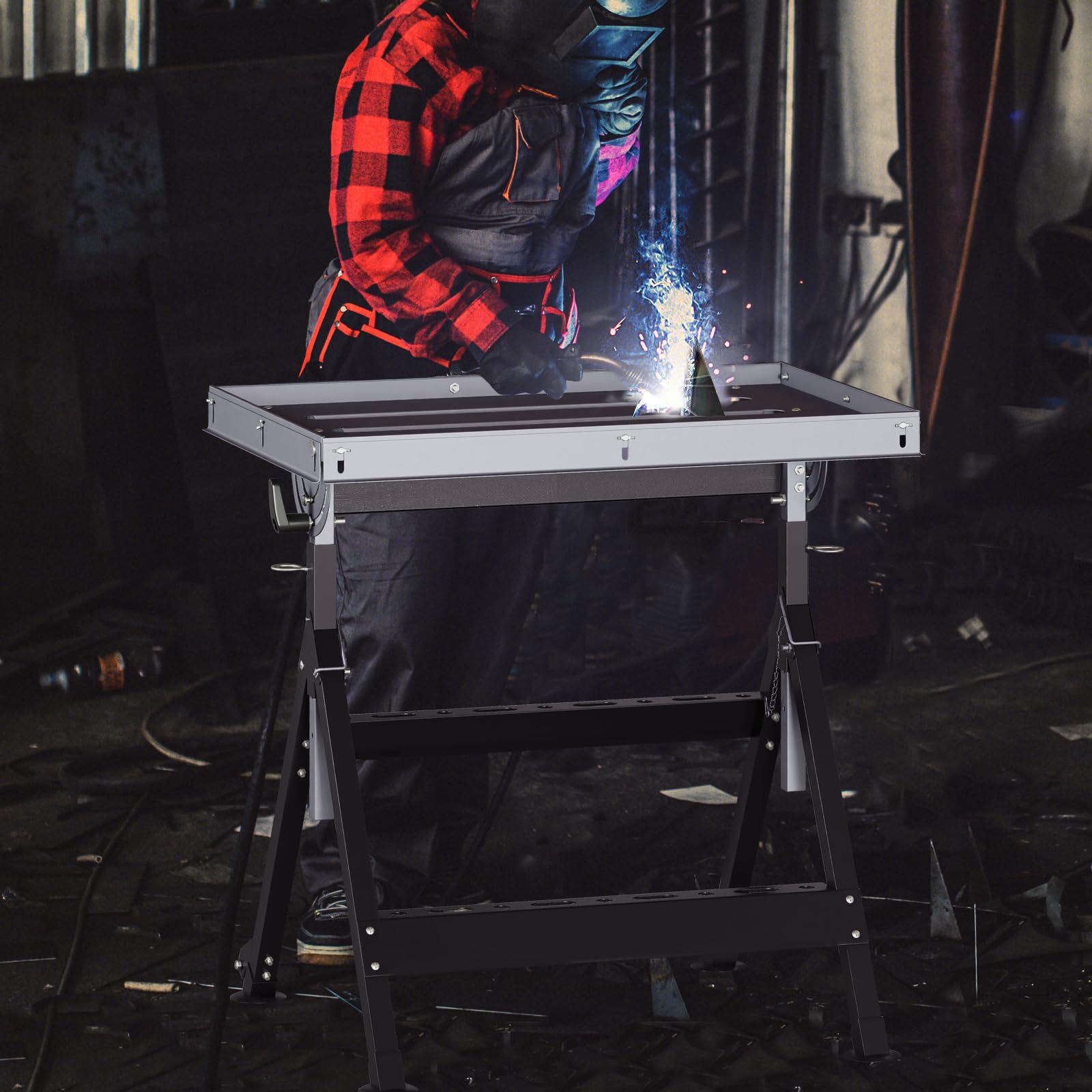 GOPLUS Mesa de Soldadura Ajustable, Banco de Trabajo Plegable con Ruedas, Inclinable y Regulable en Altura, Mesa de Trabajo Pesaza con Soporte Metálico Portátil, Soporta hasta 180 kg, 78 x 51cm
