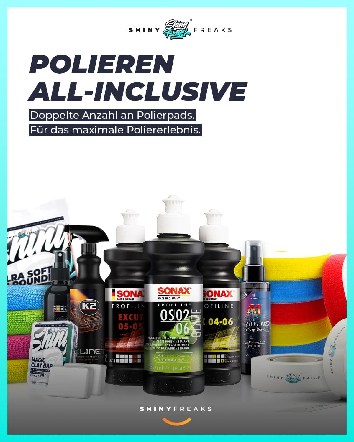 Poliermaschinen Set: chemicalworkz DA9 Pro Max Exzenter Poliermaschine + Sonax Politur Set + Royal Pads Premium Polierpads + Dr. Wack Versiegelung für Lack + Zubehör | 20-teilig