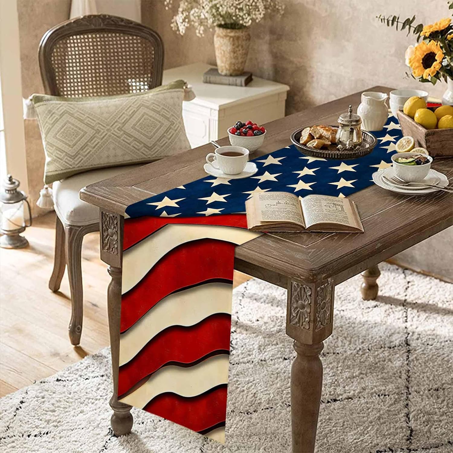 Independence Day Star Table Runner 90 inches Long American Flag Waterproof Table Cloth Holiday Kitchen Dining Table Decorations for Indoor Outdoor Home Party Coffee