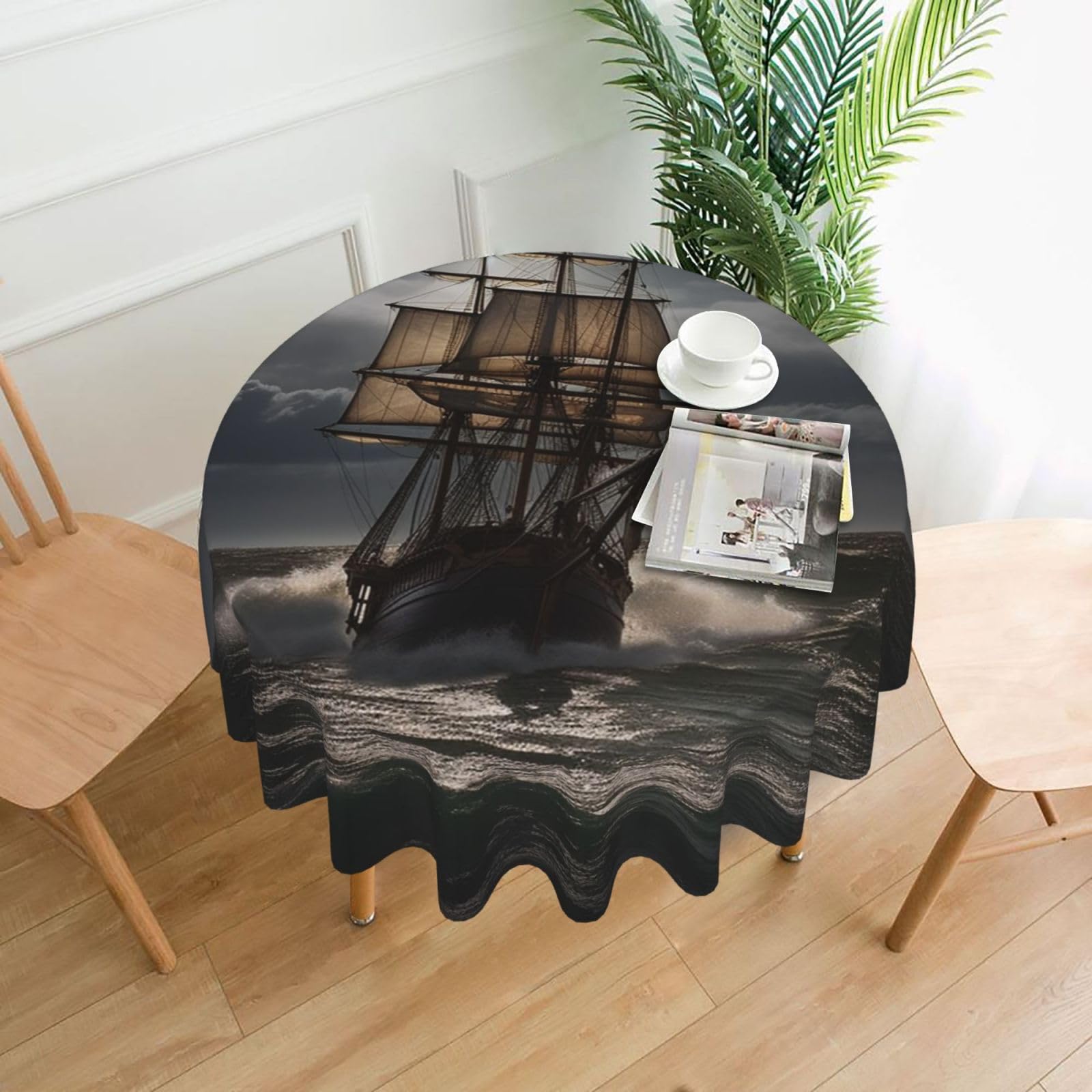 FodPand Sailing Ship in Storm Tablecloths for Round Tables 60 Inch - Reusable Washable Dining Table Clothes - Stain and Wrinkle Resistant Decorative Fabric Table Cover for Wedding Party