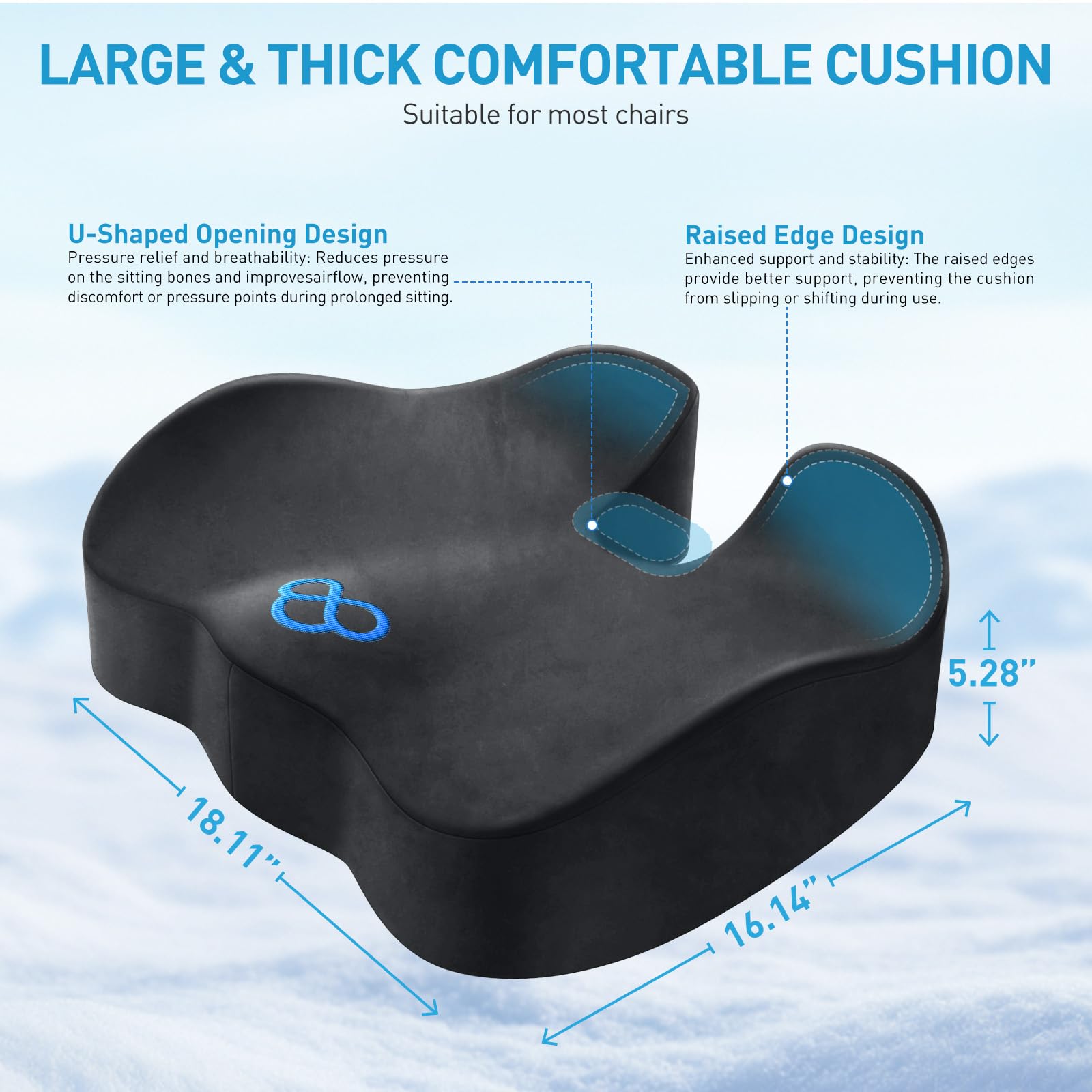 BlissTrends Cuscino per sedile in memory foam da 13,2 cm di spessore, per sedia da ufficio, seggiolino auto, aereo, allevia la pressione del coccige sciatico, dolori alla schiena