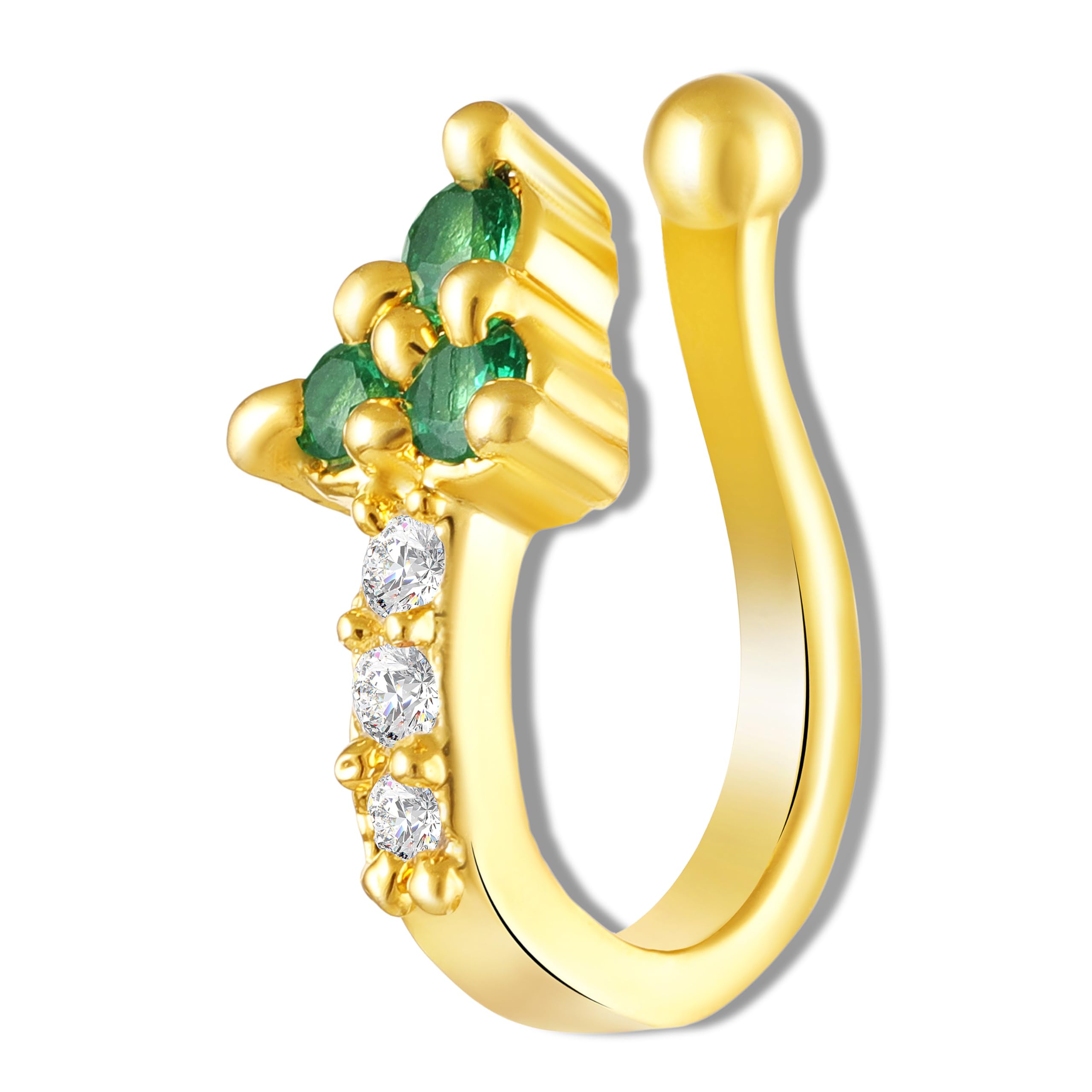 Gold Tone Green & White Crystals Non-Piercing Triangular Cluster Hoop Adjustable Nose Ring for Women (NR1100174GGre)-image-1