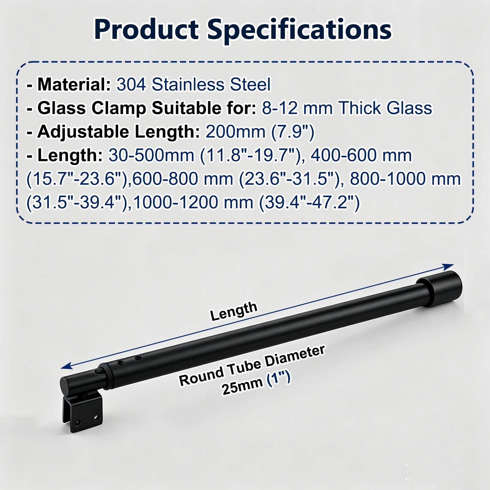 Barra de Soporte a Pared para Panel de Puerta de Ducha sin Marco | Brazo Telescópico de Sujeción para Mampara de Baño (zona de Ducha Abierta)(Black,800–1000mm (31.5–39.4in))