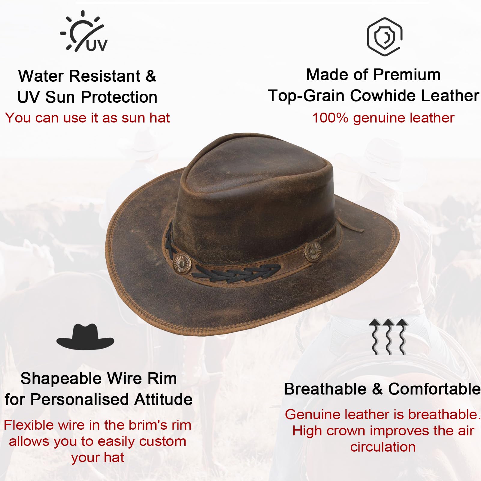 Dream Apparel Cappello da cowboy in pelle marrone per uomo e donna Western Australian Outback cappello con tesa larga modellabile, cappello stile australiano