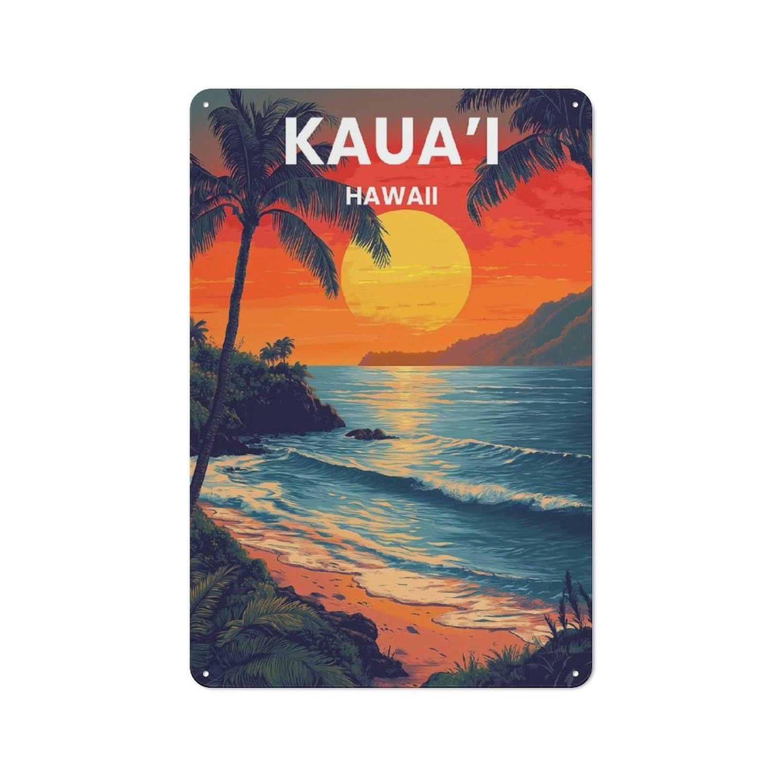 Junmoney Kauai Hawaii Illustration Metal Wall Sign 30X20cm, Modern Retro Loft Wall Plaque For Flat, Bar, Studio Or Gallery Wall