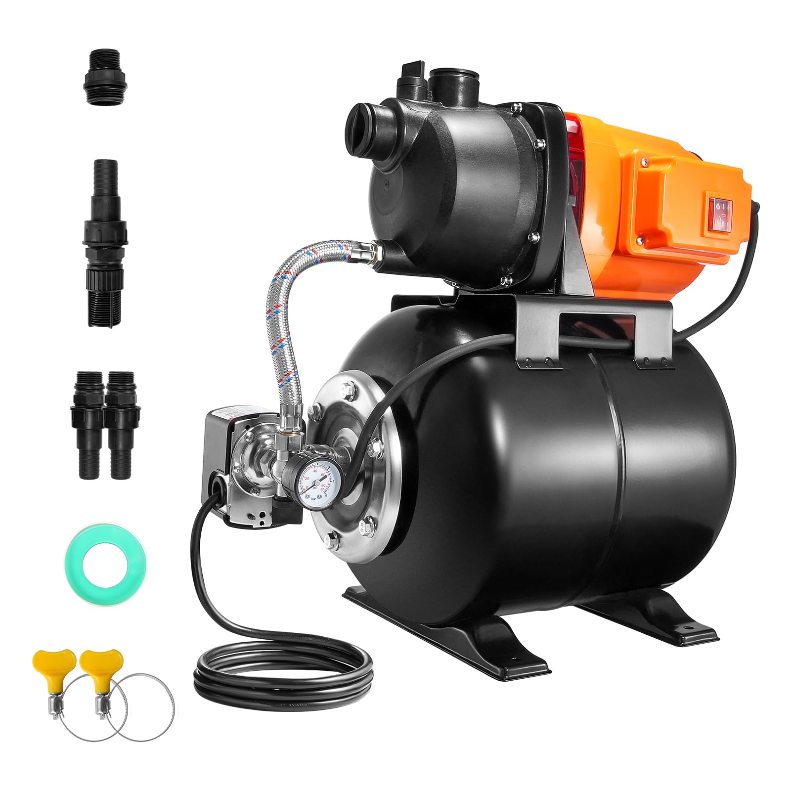 VEVOR Pompa per Pozzi Poco Profondi 750 W 3700 L/H con Serbatoio di Pressione