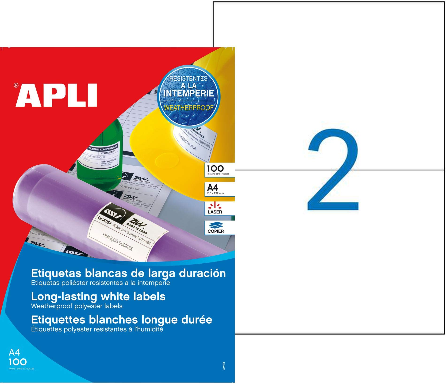 Apli 101167 Lot de 200 Etiquette polyester laser/copieur 210 x 148 mm Blanc