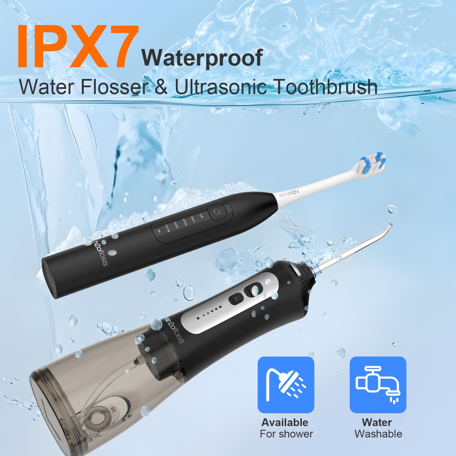 H2ofloss Sonic Elektrische Zahnbürste und Wasser Flosser Combo, Wiederaufladbare 2000mAh Zahnbürste und 2500mAh Munddusche mit 300ml Tank, 4 Bürstenköpfe, 5 Düsen, 2 in 1 für Zuhause und Reisen