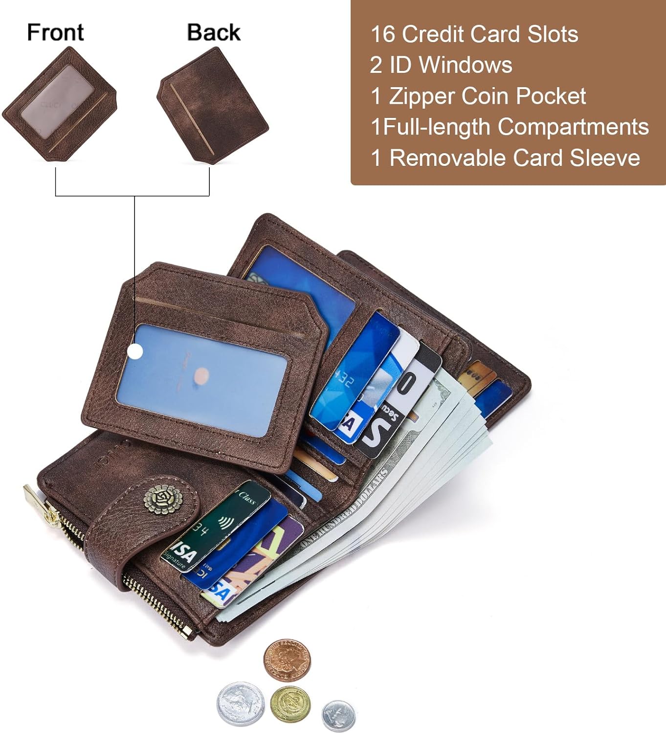 CLUCI Small Wallets for Women RFID Blocking Leather Trifold Compact Credit Card Holder with ID Window Ladies Zipper Coin Purse Coffee - Image 5