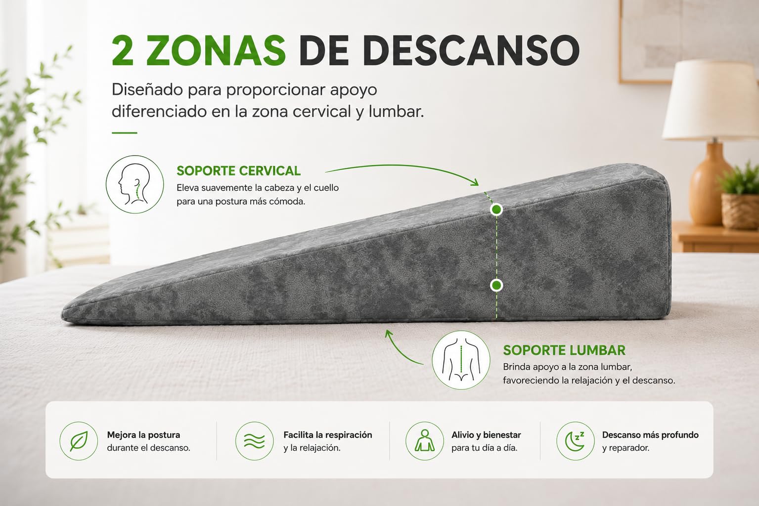MATTREX | Cojín Cuña Gris 80x68x16 cm Soporte Lumbar y Cervical 2 Zonas – Cojín Cuña Elevador Piernas y Respaldo de Cama – Cuña Ergonómica Leer, Trabajar, Ver TV y Descansar