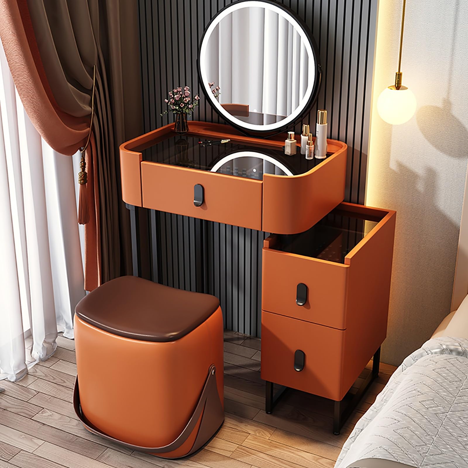 CGCSYZ White Vanity Desk with Mirror and Drawers Wooden Makeup Desk for Bedroom with Adjustable Brightness Mirror Vanity Table for Girls and Women Dressing Room Furniture(Orange B-60cm/23.6in)