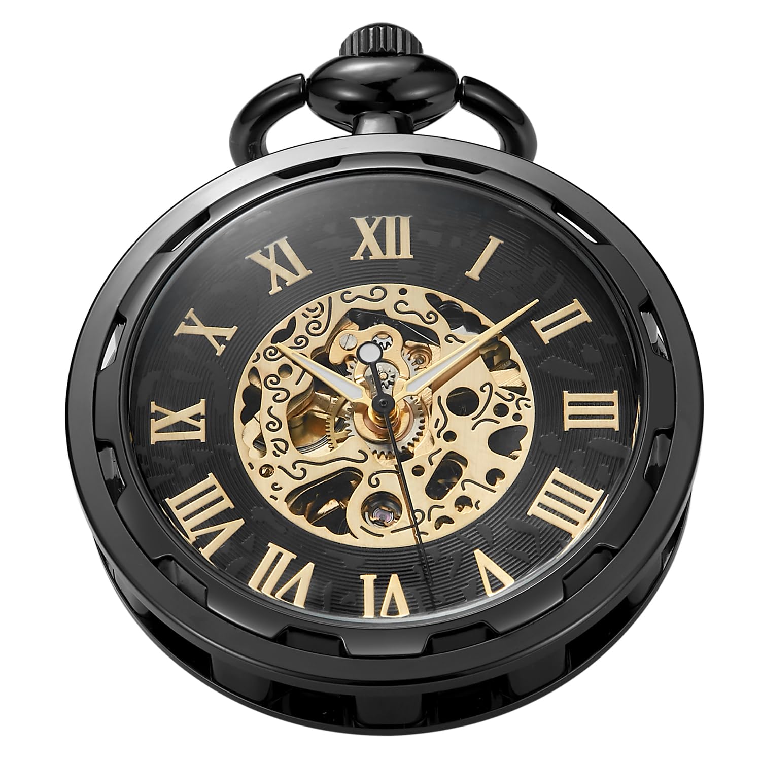 Unique Black Uncovered Open Design Mechanical Pocket Watch Case for Men, Men's Mechanical Roman Numerals Pocket Watch with Chain and Gift Box-Black, MW167, Retro