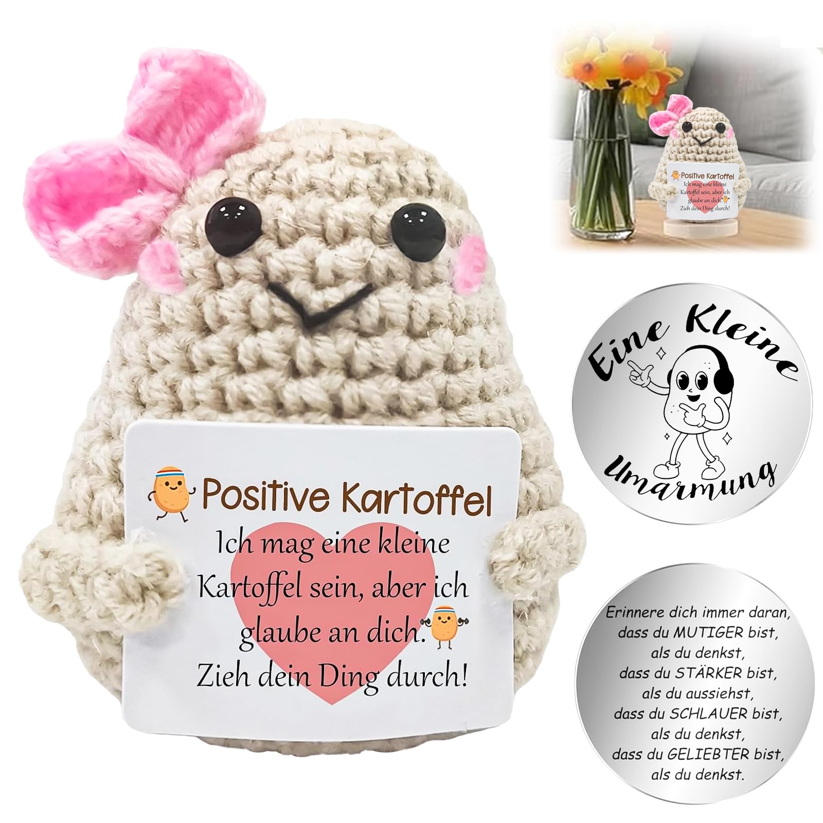 Pocket Hug Positive Kartoffel, Positive Potato Glücksbringer, Kreative Strickwolle Kartoffel Puppe Mit Positiver Energiekarte, Mutmacher Glücksbringer Prüfung Geschenk Für Beste Freund Frauen Home