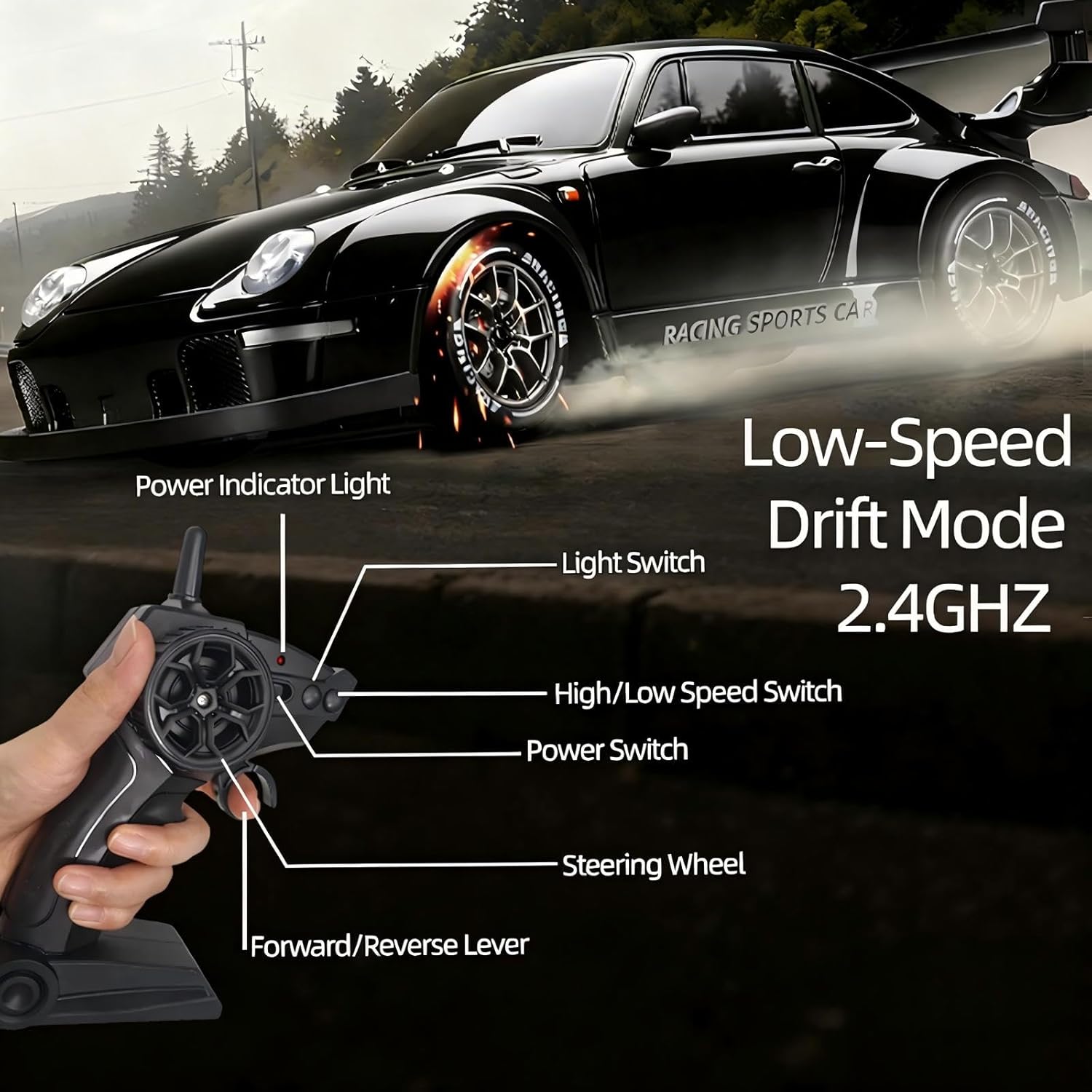 1:24 Scale RC Drift Car with LED Lights, 25km/h 4WD High Speed, Dual Batteries 50+ Min Play, 2.4GHz Remote Control, Multi-Surface Drift Tires, Racing Toy Vehicle for Adults Boys Girls, Royal Enforcer