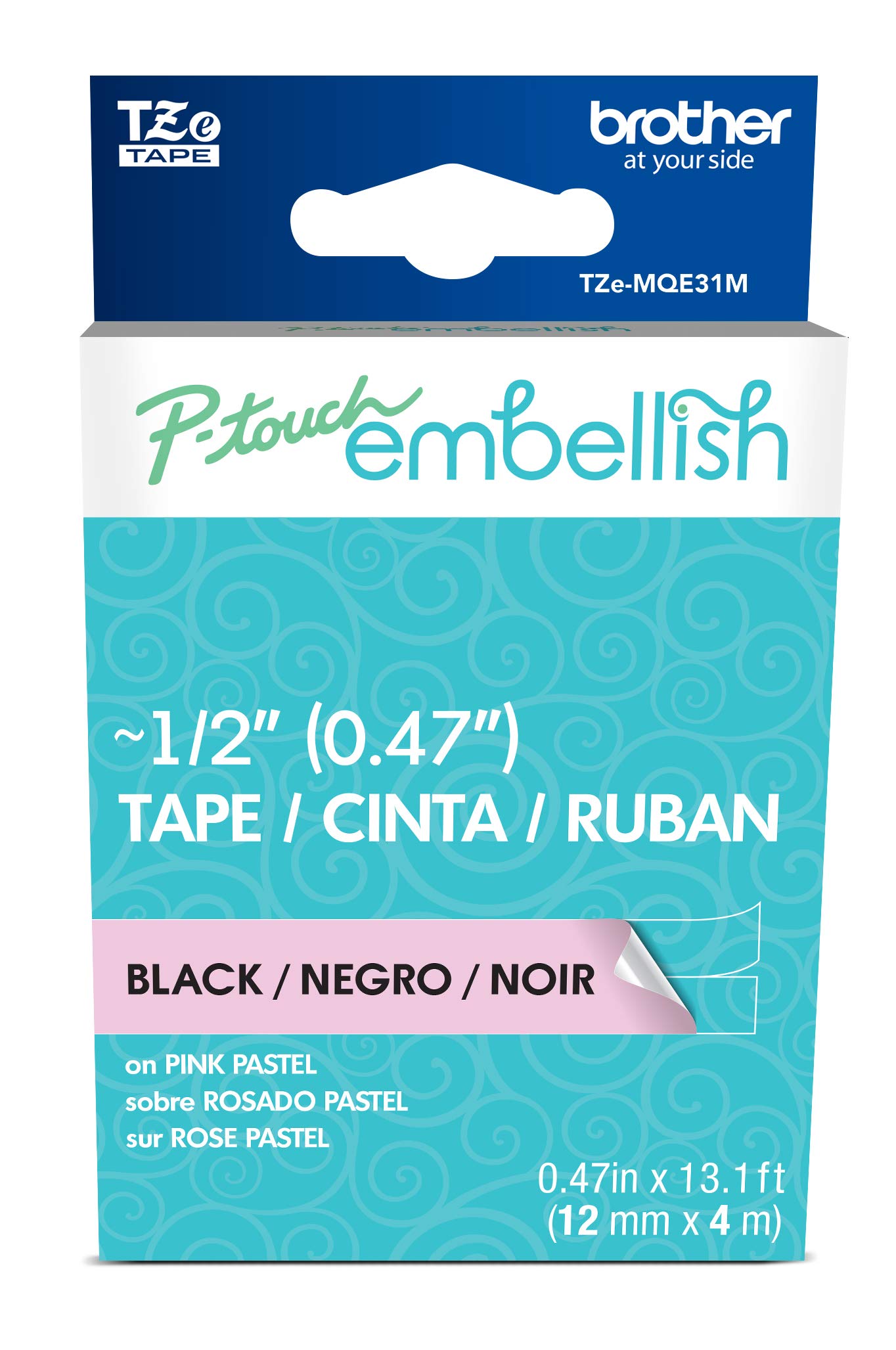 Brother P-touch Embellish Black Print on Pastel Pink Tape TZEMQE31M – ~½” Wide x 13.1’ Long for use with P-touch Embellish Ribbon & Tape Printer