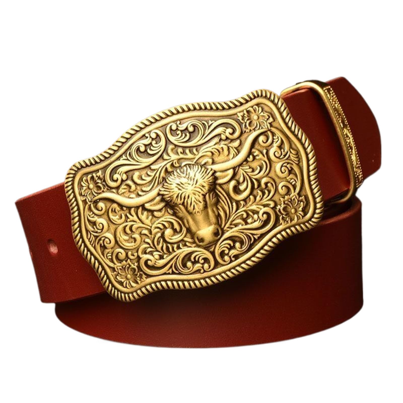 Cintura, Cowboy Western da Uomo, Cinture in Pelle da Uomo con Fibbia in Metallo in Ottone con Motivo Toro dalle Corna Lunghe Oro, Marrone Rossastro, 125CM/49.2''