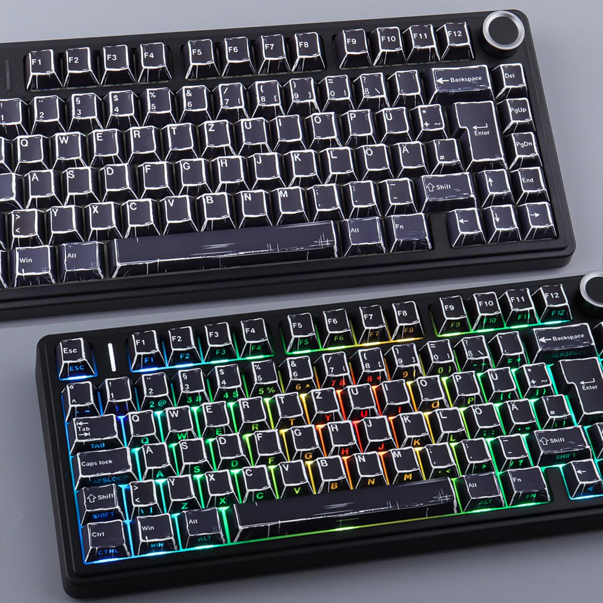 PBT Keycaps 128 touches Manga Black Keycaps, style rétro imprimé sur le côté brillant Through Dye Sub Custom Keycaps for Cherry MX Switch German QWERTZ Layout Mechanical Keyboards