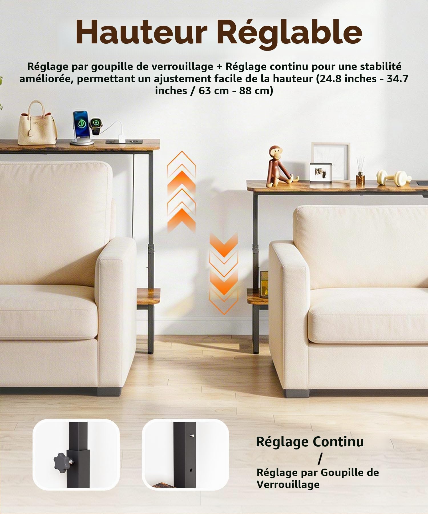 Yorbay Console étroite à 2 étagères - Table de couloir avec station de charge réglable en hauteur - Table d'appoint rétro avec prise - Table basse - Table d'entrée pour couloir, salon, chambre à