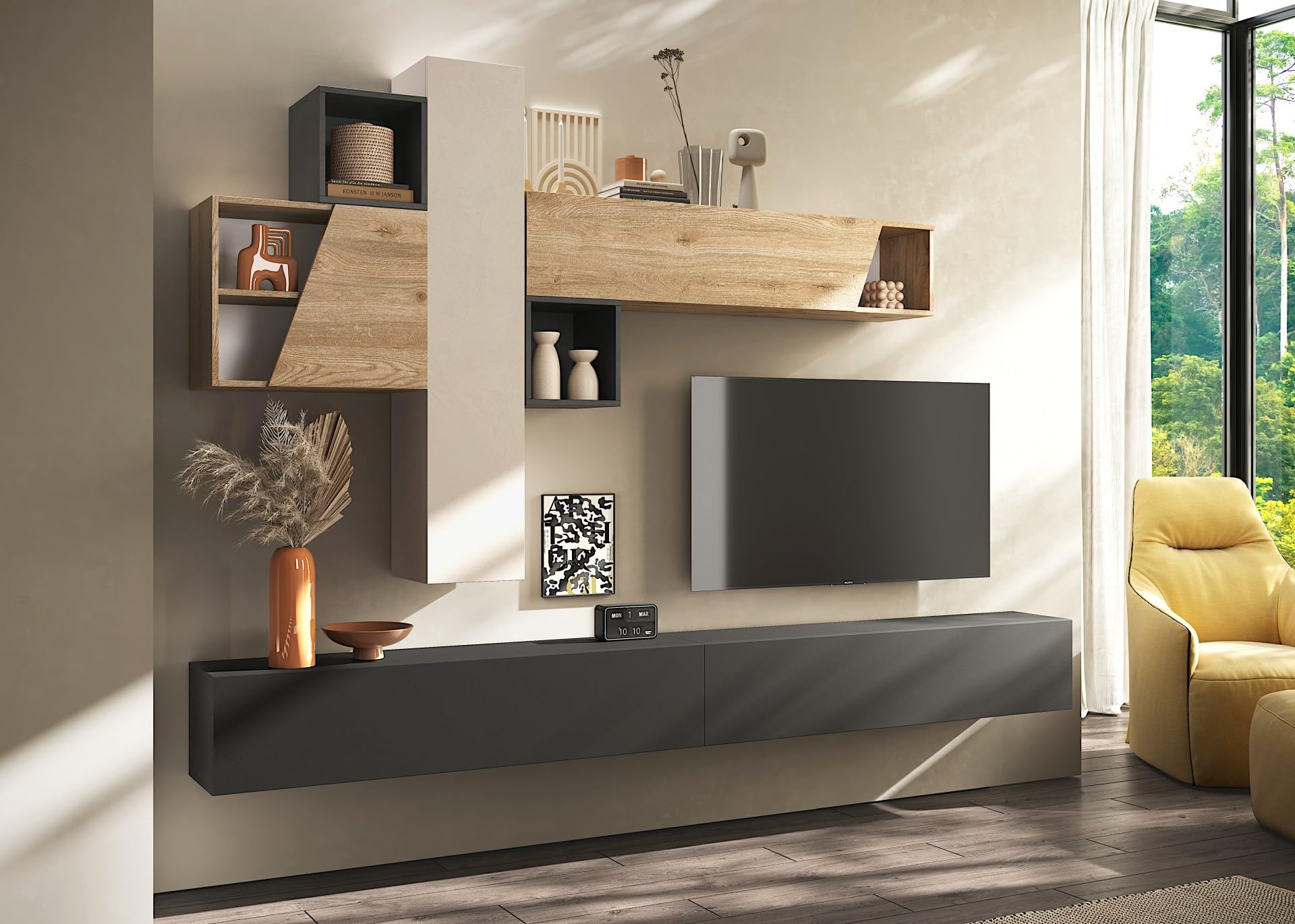 Parete Attrezzata Soggiorno Design Moderno 276x175 cm Composto da 2 Pensili 3 Cubi e Mobile Porta TV Sospeso con 2 Ante Rovere Beige e Grafite PAL81