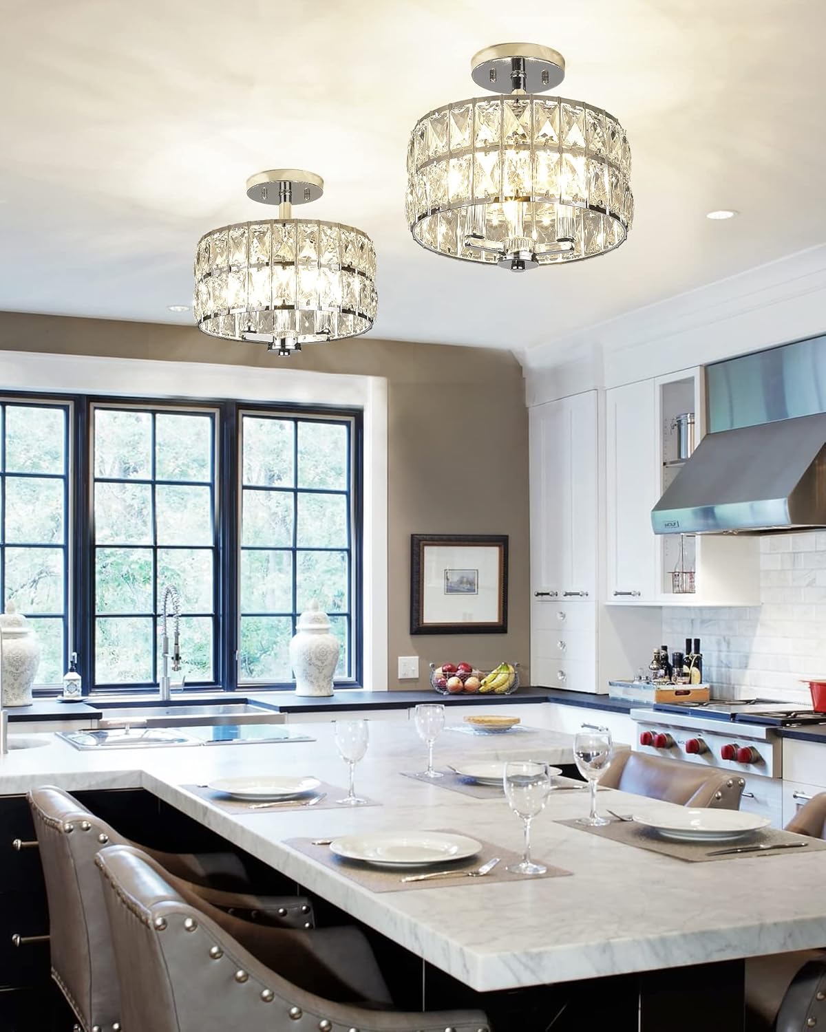 CALDION Semi Flush Mount Ceiling Light Fixture, 11" Crystal Light Fixture, 3-Light Modern Chandelier with Chrome Finish for Bathroom, Dinning Room, Hallway, 6869SM-CH-3 - - 