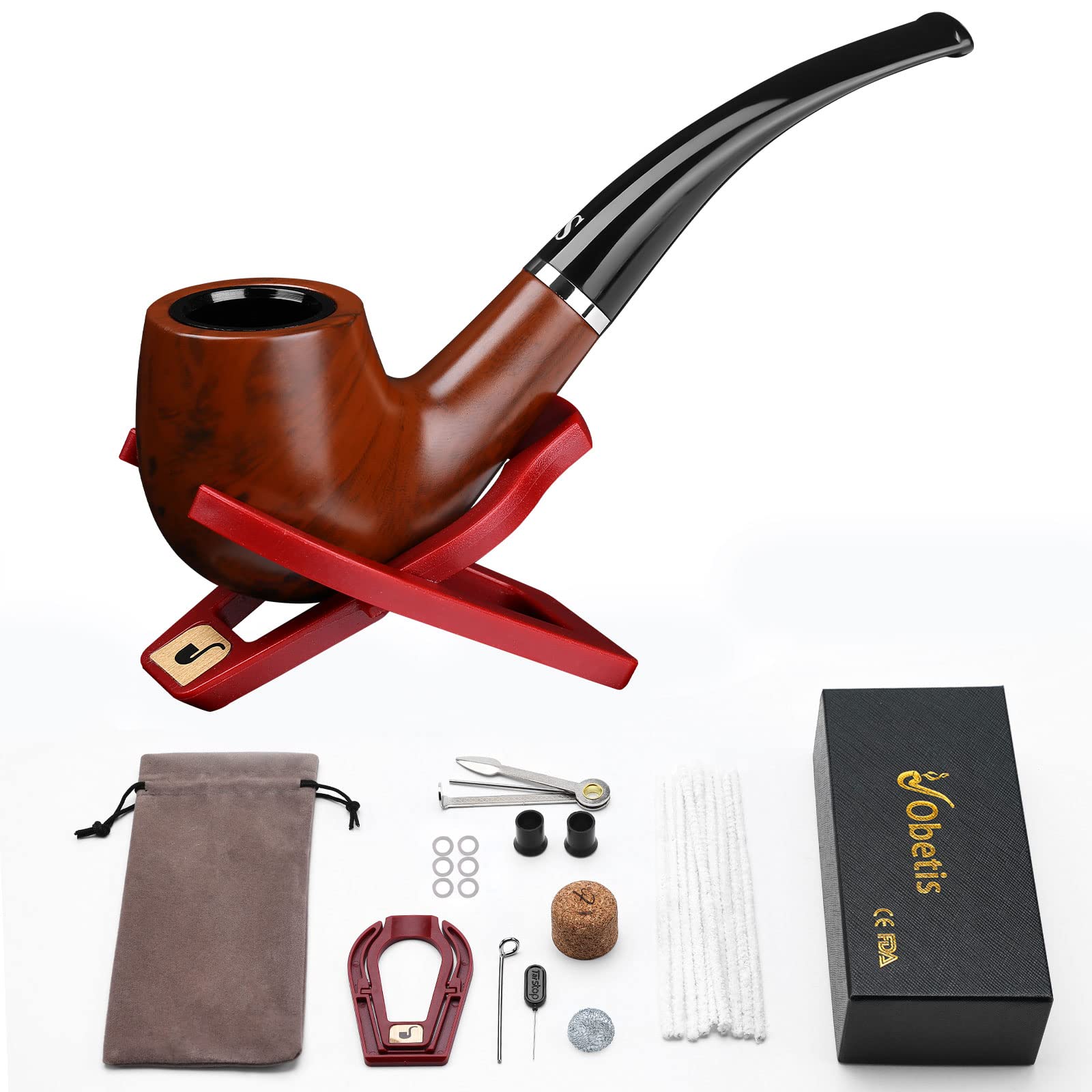 Obetis Tobacco Pipe, Bent Smoking Pipe, Perfect Beginner Pipe Kit with Ultimate Beginner Guide E-Book - Smoking Gift Set and Accessories