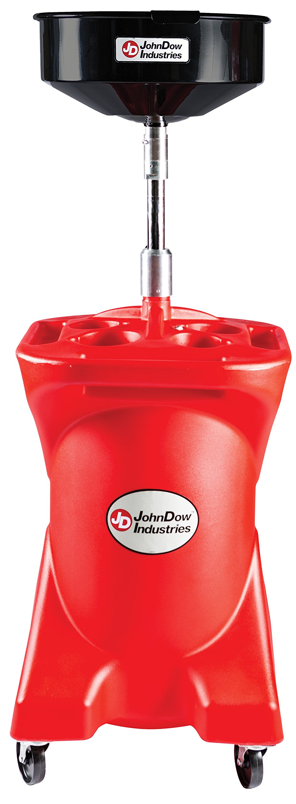 JohnDow Industries JDI-27GFD 27 Gallon Pump Assist Portable Oil Drain, 16 inch Diameter Centered Funnel, Adjustable Funnel Height of 45 in. to 70 in. With Molded in Tool Tray for Oil Filters and Tools