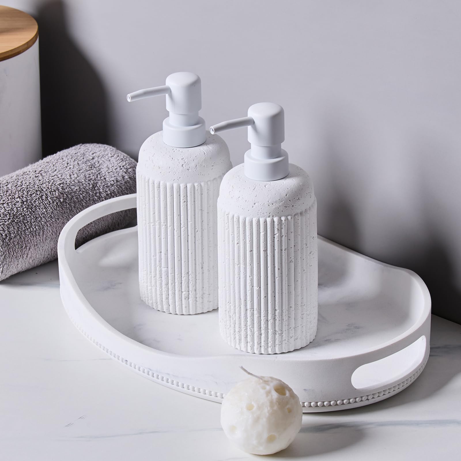 2Pcs White Natural Travertine Textures Hand Soap Dispenser Set, Small Bathroom Countertop Resin Liquid Soap Dispensers, Kitchen Dish Wash Soap Dispensers,Refillable Dispenser with Vertical Stripe