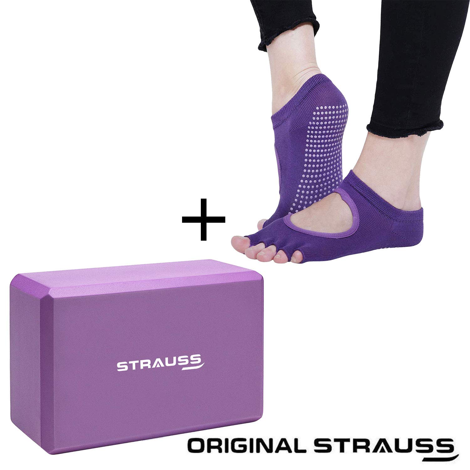 Strauss Yoga Block (Purple) and Yoga Socks, Dark Purple