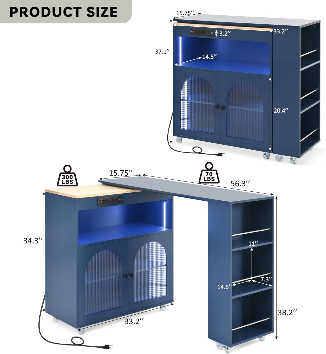 Kitchen Island Cart with Extended Table, Rolling Kitchen Island on Wheels with LED Lights&Power Outlets&Storage Compartment, Side Table with 2 Fluted Glass Doors and 3 Open Shelves,Navy Blue