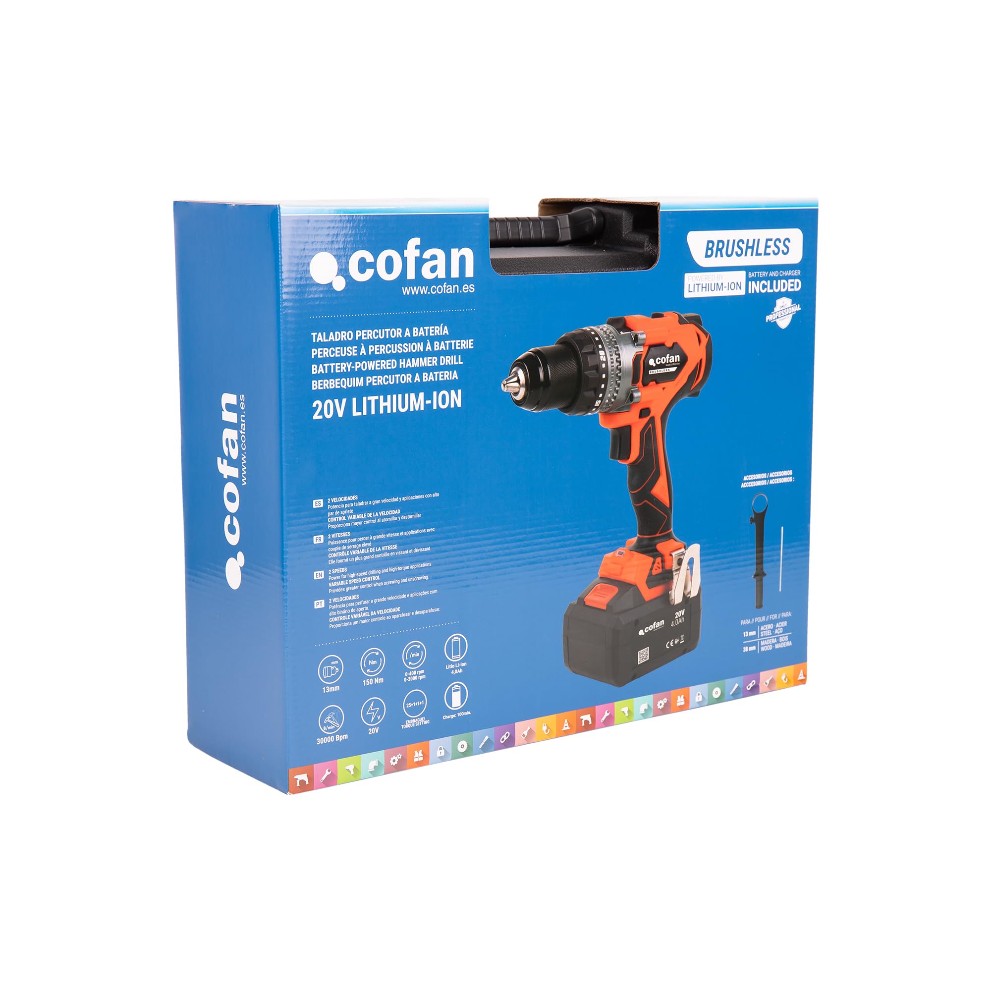 Cofan Taladro percutor a batería | Motor sin escobillas | Potencia: 20 V | Portabrocas 13 mm | 150 Nm, 2000 rpm | 2 velocidades | Percusión 30 000 BPM | Incluye accesorios | Batería y cargador incluid