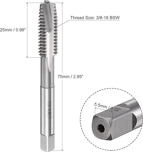 Miniatura 2 de uxcell Grifo roscado de punto espiral 3/8-16 BSW, HSS (acero de alta velocidad) Macho de rosca de máquina 3 flautas rectas sin recubrimiento