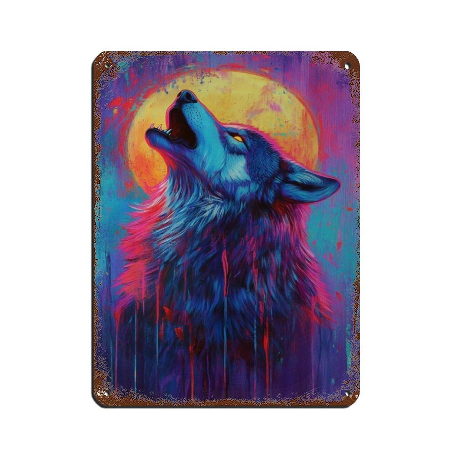 Colorful Wolf Howling at Moon Tin Sign Vintage Metal Pub Club Cafe Bar Home Wall Art Decoration Poster Retro 12x16inch(30x40cm)