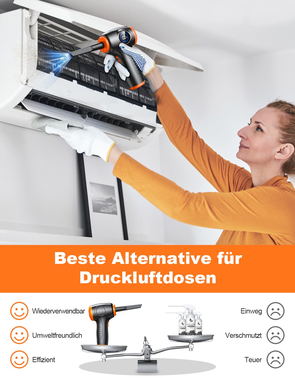 EOIWUY Elektrische Staubgebläse Druckluftspray, 3-Gang 90000 U/min PC Reinigungsset mit LED-Licht, Leistungsanzeige und 5 Austauschbare Düsen, 6000mAh Akku Air Duster für Reinigung Tastatur/Auto/Sofa