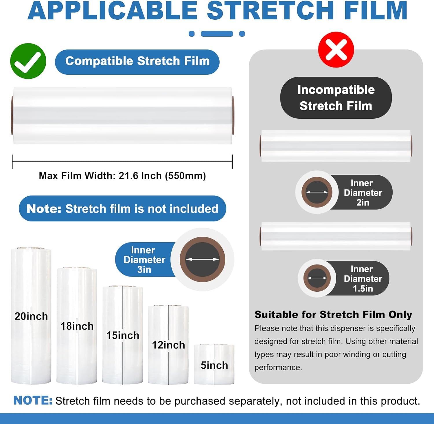 Dévidoir Manuel De Film étirable en Acier Inoxydable - 55 Cm (21,6 Pouces) avec 4 Glissières pour Un Emballage Et Un Transport Efficaces 21.6 inch