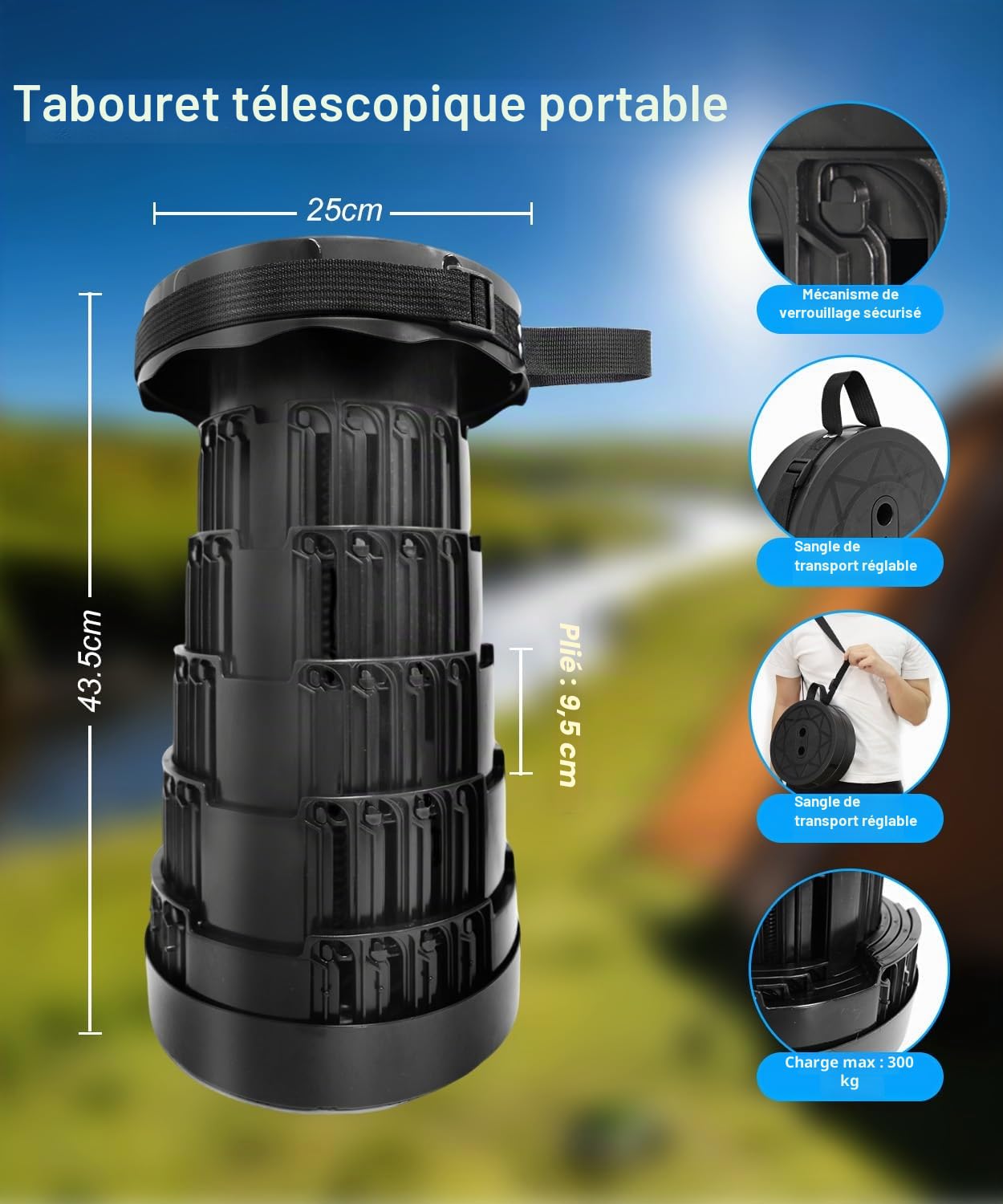 Tabouret Télescopique Pliant & Portable, Tabouret Pliable à Hauteur Réglable, Stable et Compact pour Camping, Pêche et Randonnée