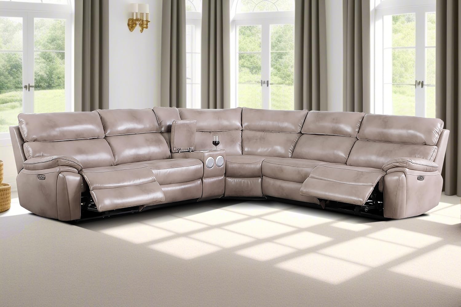 A Ainehome Leather Power Recliner Sectional Sofa Set for Living Room, Top Genuine Leather Reclining Sectional Couch with USB Ports, 4-Seater Couch