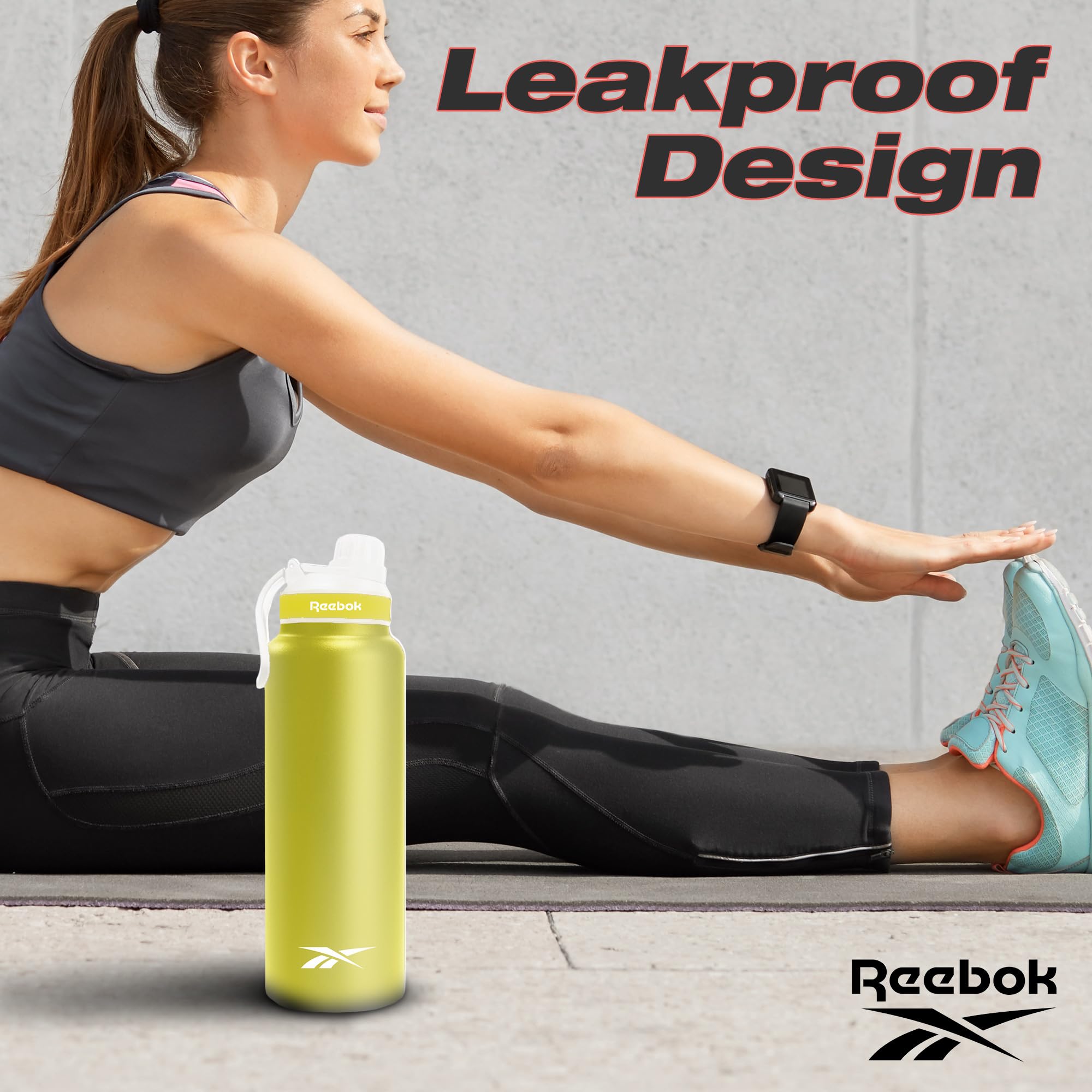 Reebok Borraccia in acciaio inox con design atletico, borraccia termica da 907,2 ml, con coperchio Chug – Borraccia sportiva a doppia parete isolata sottovuoto, senza BPA (giallo)