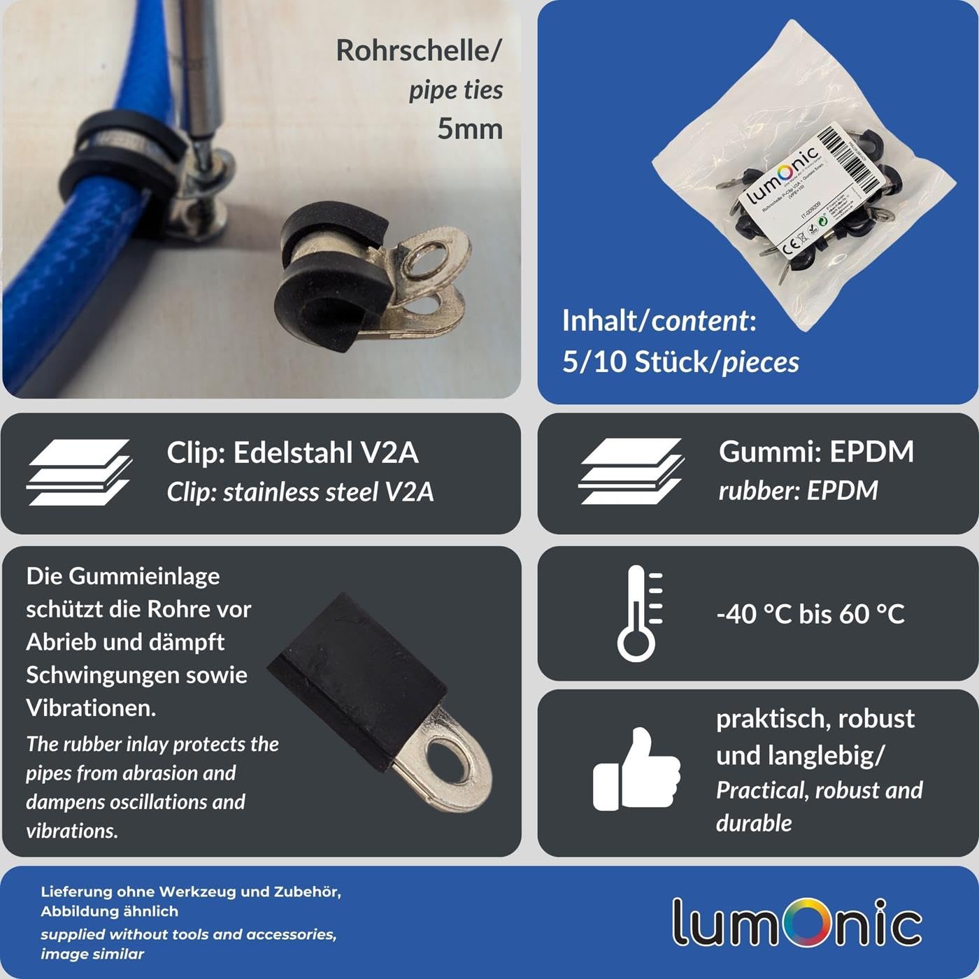 Lumonic 5x 5mm abrazaderas de tubo con inserto de goma acero inoxidable V2A I abrazaderas de cable para atornillar I abrazadera de manguera 5mm, abrazadera de fijación 5mm, soporte de tubo