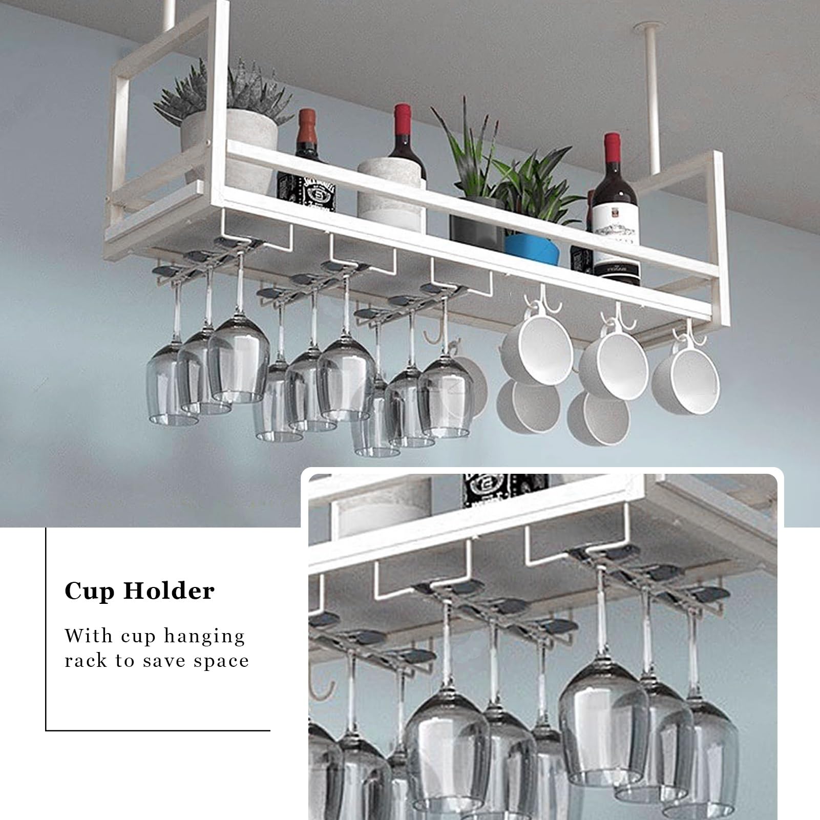 Mensole galleggianti, Mobile Bar sospeso a soffitto con portabottiglie e Supporto per Bicchieri capovolti, espositore Decorativo per Piante e Libri, Ideale per Bar, caffè e Cucina (Dimension