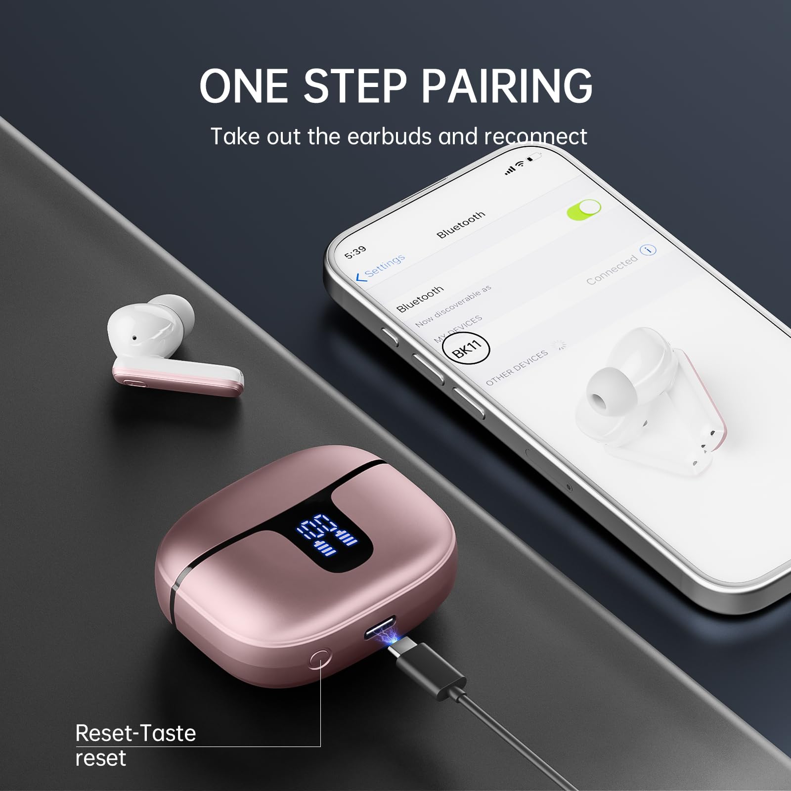 Cuffie Bluetooth, Auricolari Bluetooth 5.3 Stereo HiFi con Mic Cancellazione Rumore, Cuffie Wireless In Ear 40H LED Display Cuffiette Bluetooth IP7 Impermeabili Auricolari Senza Fili USB-C Rose Gold