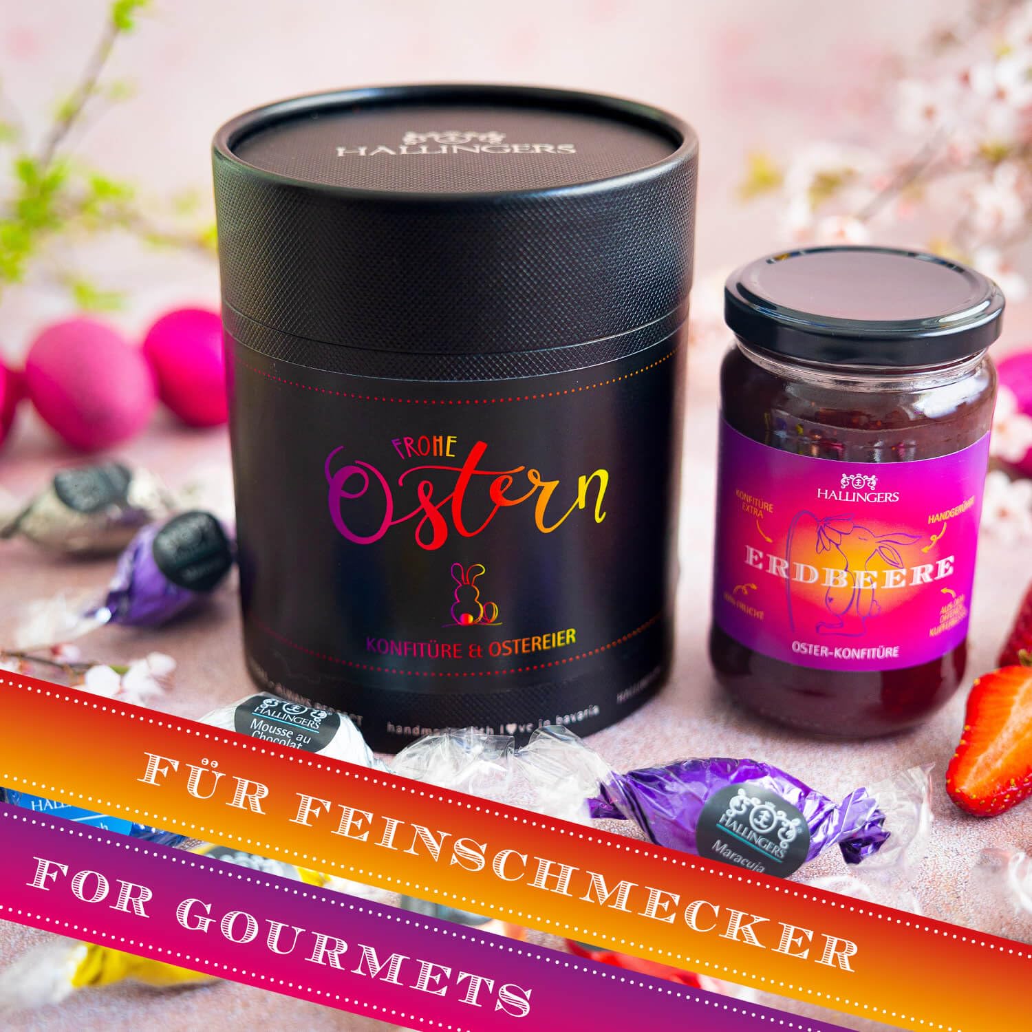 Hallingers Genuss Manufaktur Feinkost Oster-Geschenk-Set - XXL-Geschenkkorb "Frohe Ostern black" großes Osternest mit 17 Pralinen-Ostereiern & Erdbeer-Konfitüre, Ostern Körbchen für Frauen Männer