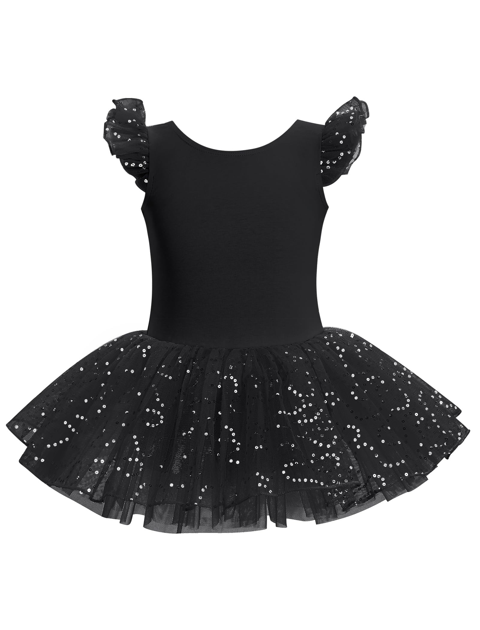 AFAVOM Ballet Leotards for Girls Toddler Sparkle Sequin Ballet Dance Leotard Dress Cutout Backless Bowknot Dance Outfits Kids Shiny Ruffle Sleeves Ballerina Dancewear Costume Black 7-8 Years