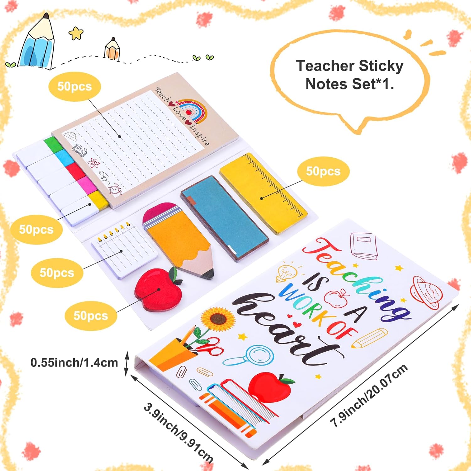 Teacher Appreciation Gifts-Teaching is A Work of Heart Sticky Notes Set Fun Self-Stick Note Pads Writing Notes School Office Supplies Suitable for Teacher Gifts Office Home - Image 2