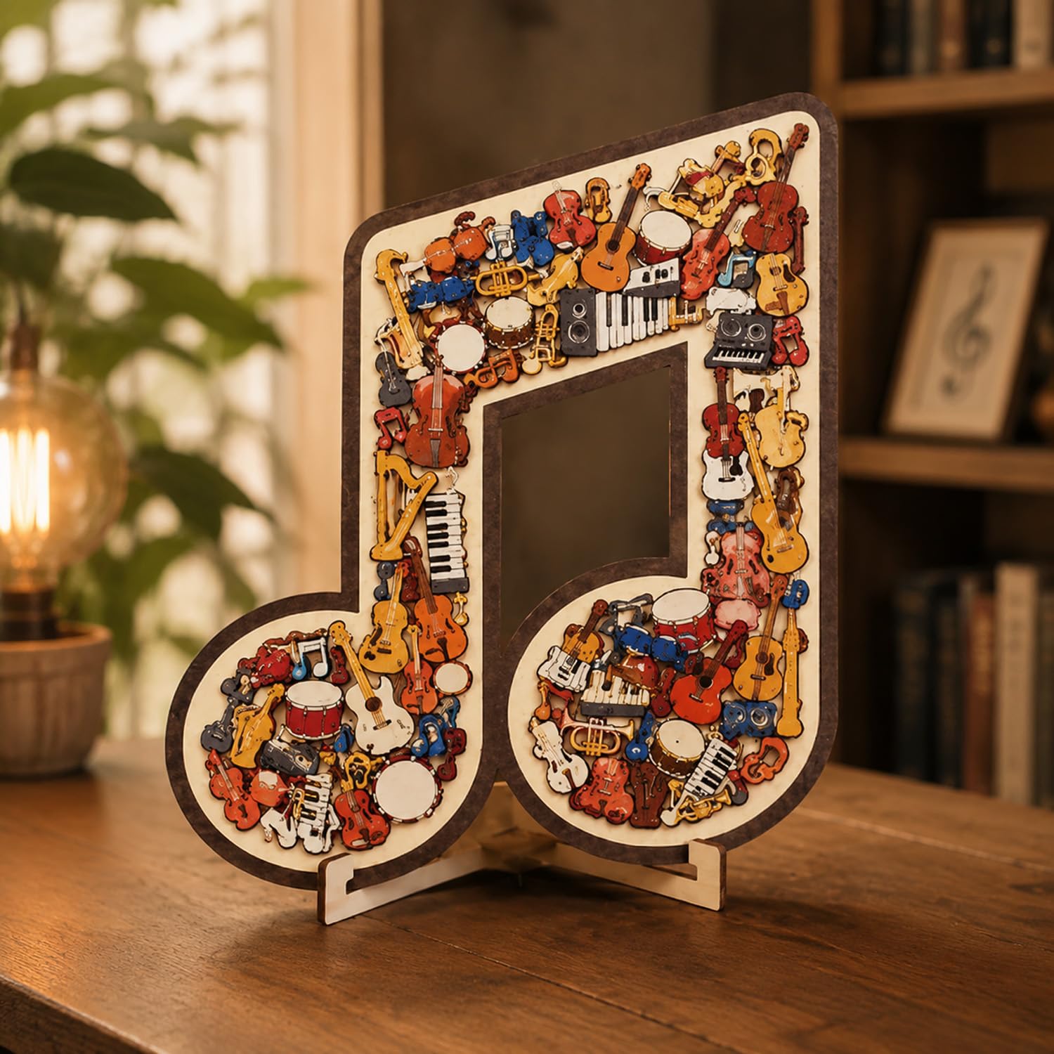 Music Note Jigsaw Puzzle Ornament, 73PCS Wooden Musical Instrument Puzzle with Display Stand, Unique Desk Art for Music Lovers Teachers, 3D Note Shaped Decor, 20x25cm (Style 3)