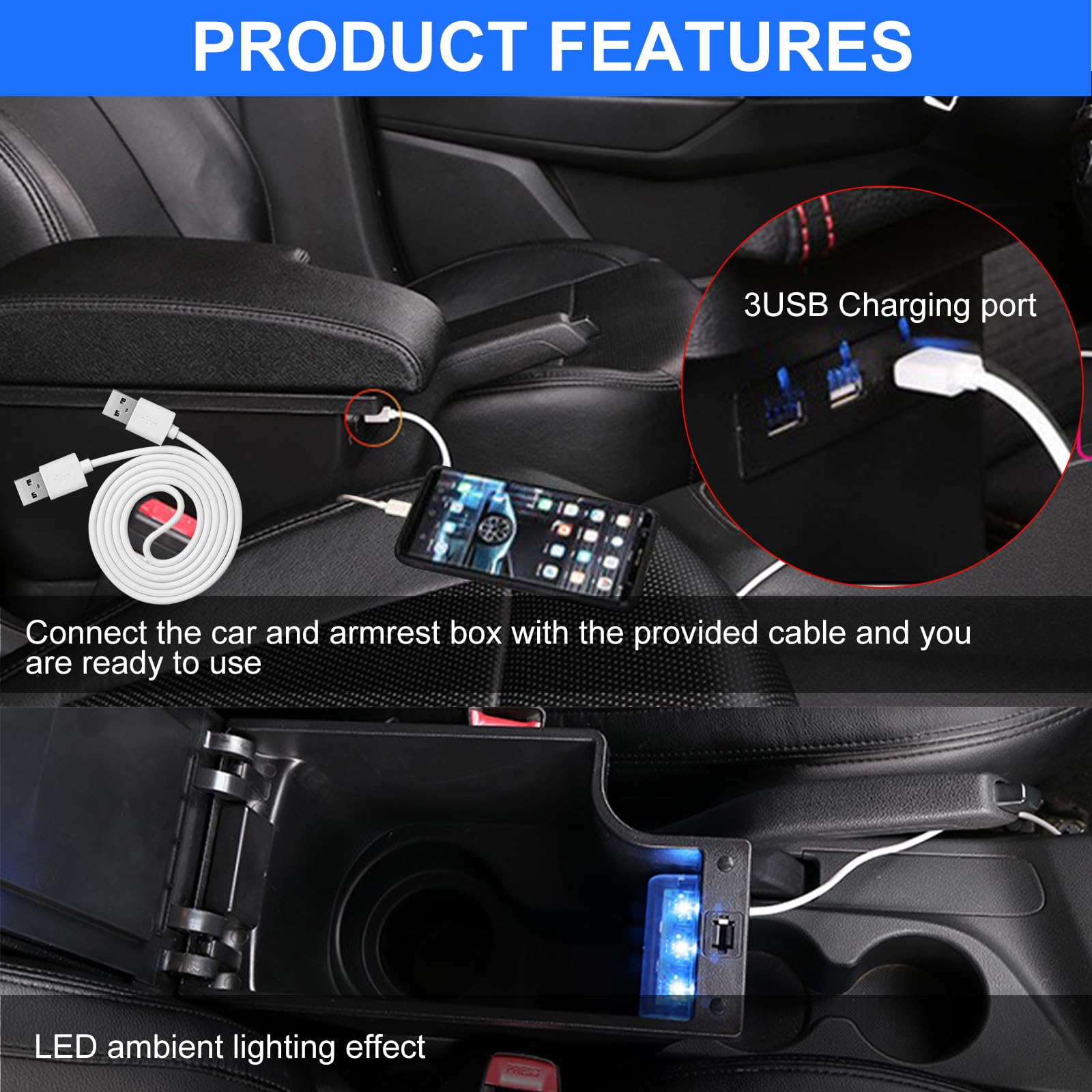 Apoyabrazos Compatible con Nissan Juke/Infiniti ESQ 2011-2019 Apoya Brazos Coche Consola Reposabrazos Central Tapizado Caja de Almacenamiento Cuero con 3 Puertos USB - Línea Negra